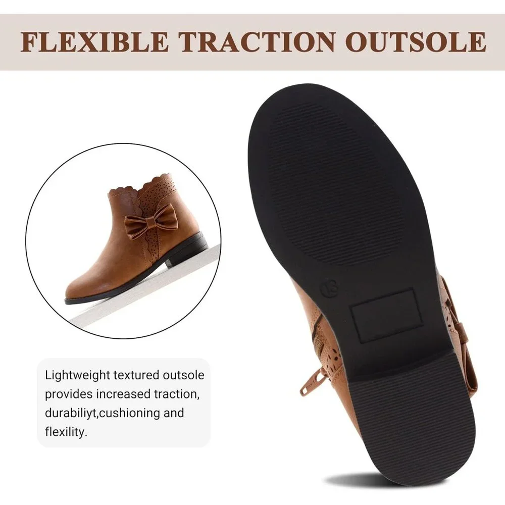 🆕Girls‎ Brown a Polyurethane Ankle Bow Side Zipper Outdoor Warm Low Heel Boot